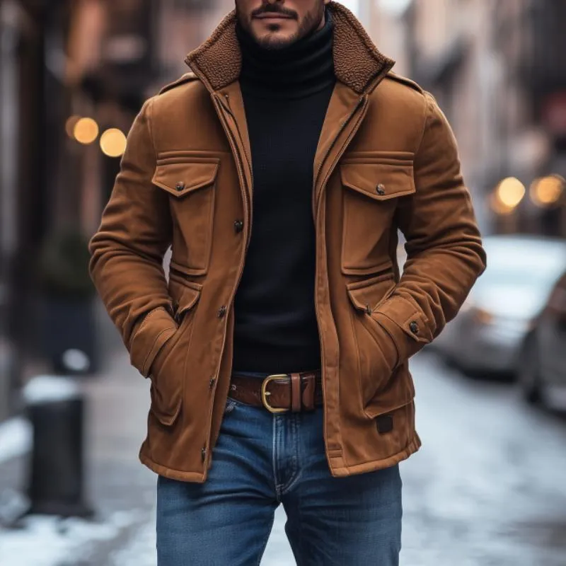 Men's Vintage Suede Fleece Collar Patchwork Multi-Pocket Zipper Coat 99704034M sold by Manly product image thumbnail 2