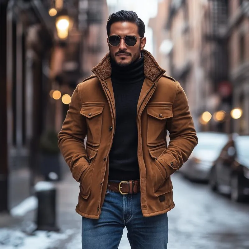 Men's Vintage Suede Fleece Collar Patchwork Multi-Pocket Zipper Coat 99704034M sold by Manly product image thumbnail 3