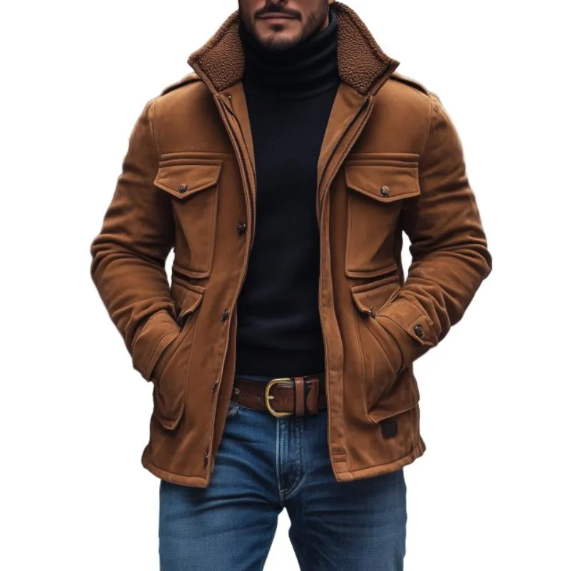 Men's Vintage Suede Fleece Collar Patchwork Multi-Pocket Zipper Coat 99704034M sold by Manly