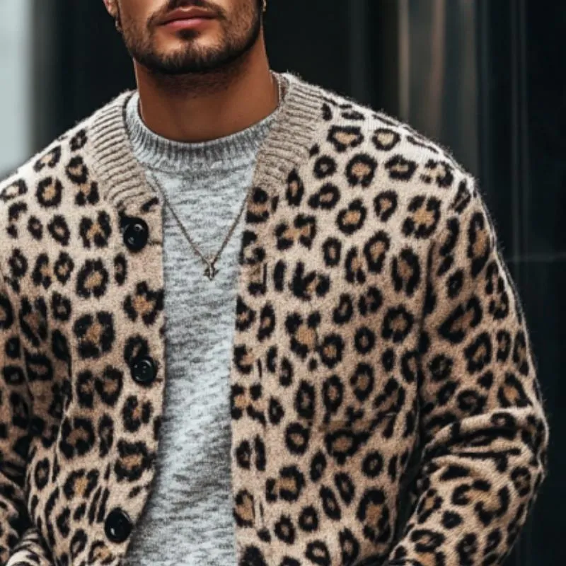 Men's Vintage Leopard Jacquard Colorblock Single Breasted Cardigan 96422693Y sold by Manly product image thumbnail 2