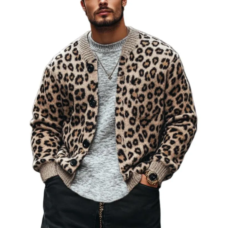 Men's Vintage Leopard Jacquard Colorblock Single Breasted Cardigan 96422693Y sold by Manly