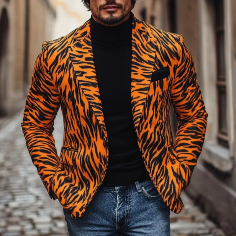 Men's Stylish Notch Lapel Tiger Pattern Print Single Breasted Slim Fit Blazer 36180217M sold by Manly product image thumbnail 2