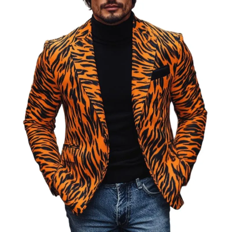 Men's Stylish Notch Lapel Tiger Pattern Print Single Breasted Slim Fit Blazer 36180217M sold by Manly