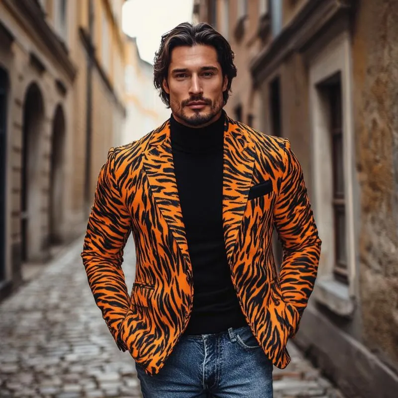 Men's Stylish Notch Lapel Tiger Pattern Print Single Breasted Slim Fit Blazer 36180217M sold by Manly product image thumbnail 3