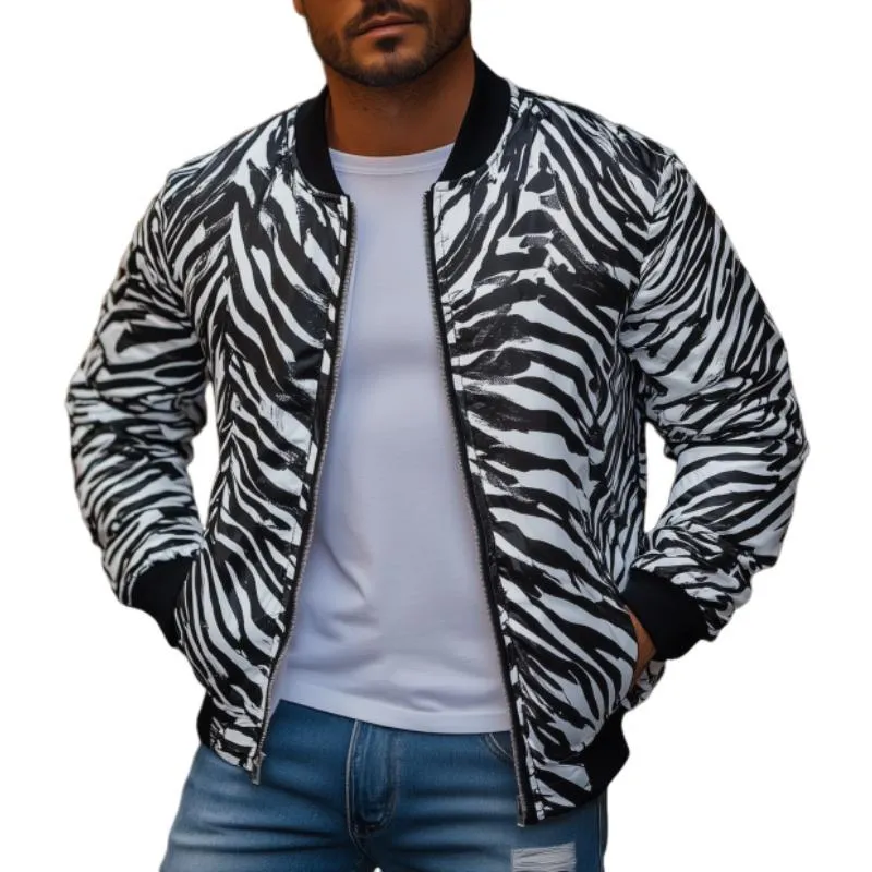 Men's Fashion Zebra Stripe Print Baseball Collar Zip-Up Bomber Jacket 54499923M sold by Manly