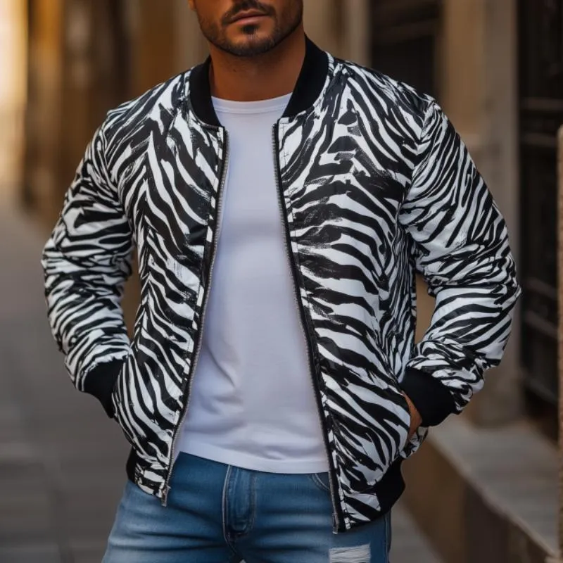 Men's Fashion Zebra Stripe Print Baseball Collar Zip-Up Bomber Jacket 54499923M sold by Manly product image thumbnail 2