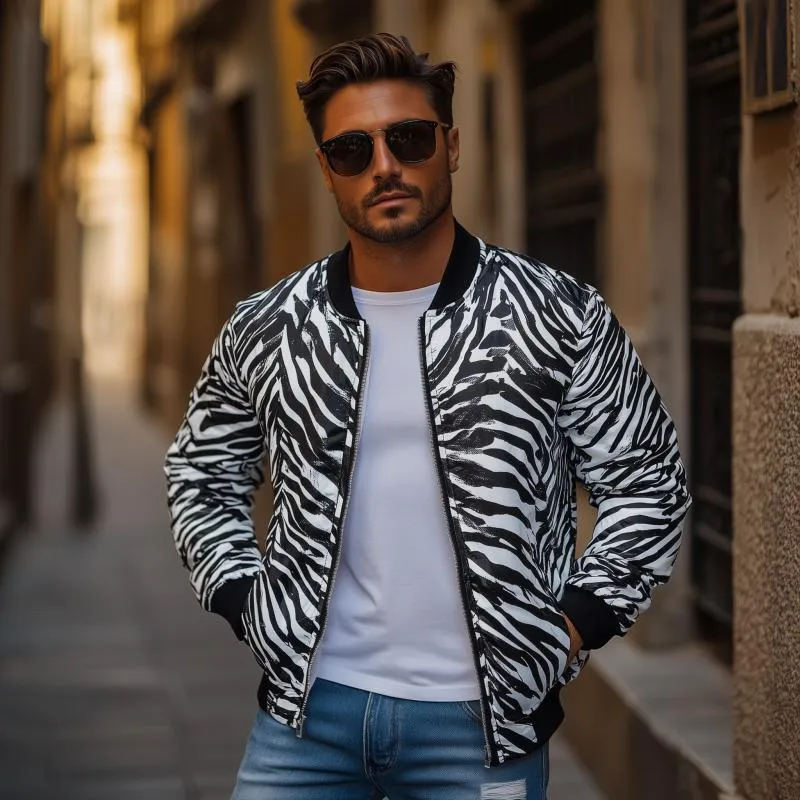 Men's Fashion Zebra Stripe Print Baseball Collar Zip-Up Bomber Jacket 54499923M sold by Manly product image thumbnail 3
