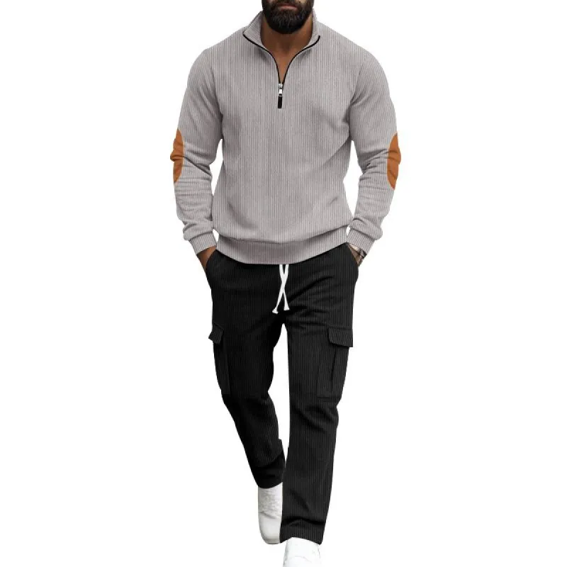 Men's Solid Corduroy Stand Collar Long Sleeve Sweatshirt Multi-pocket Pants Casual Set 64053951Z sold by Manly