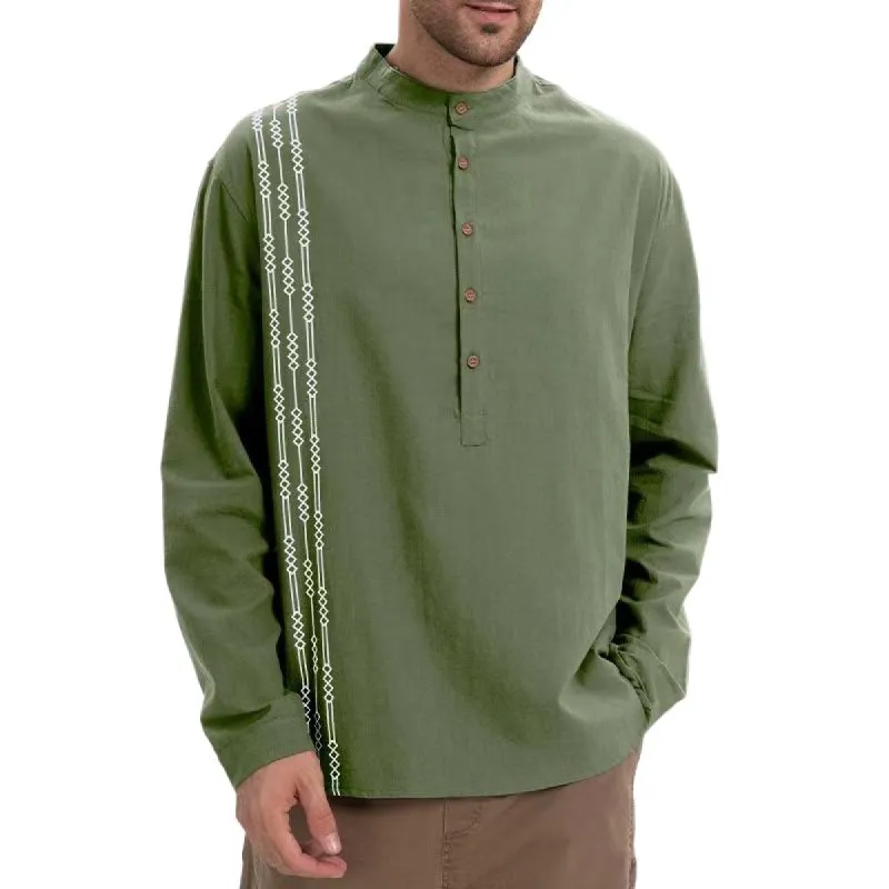 Men's Printed Henley Collar Long Sleeve Cotton And Linen Casual Shirt 54537882Z sold by Manly