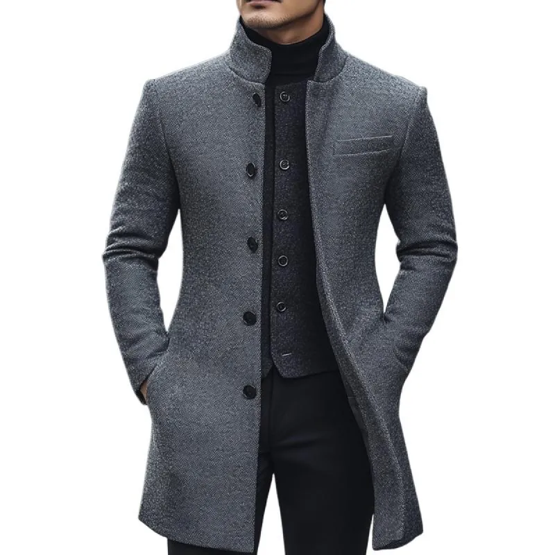 Men's Solid Stand Collar Chest Pocket Single Breasted Mid-length Coat 30307987Z sold by Manly