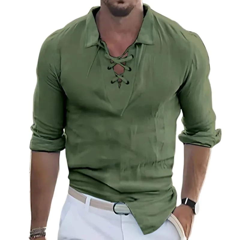 Men's Solid Color Casual Drawstring Lapel Long Sleeve Shirt 43419434TO sold by Manly