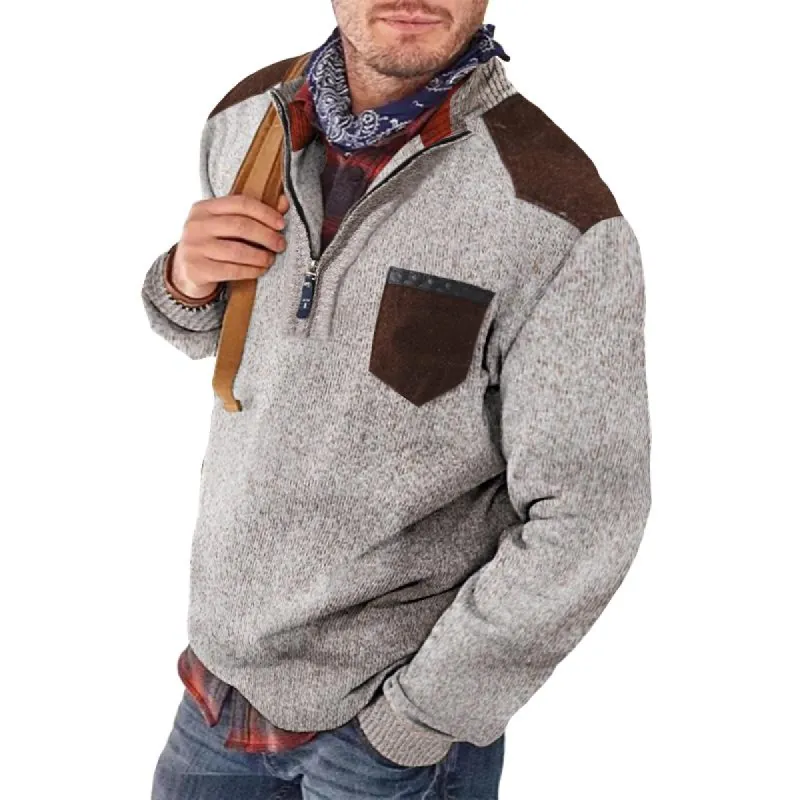 Men's Casual Retro Patchwork Pocket Stand Collar Zipper Sweater 32851595TO sold by Manly