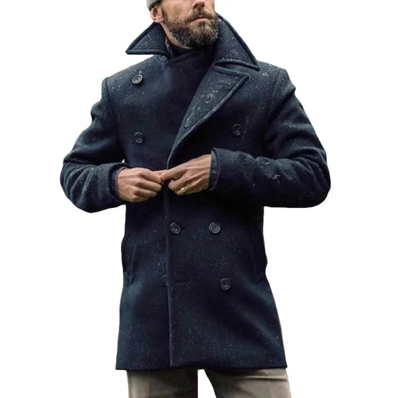 Men's Retro Casual Solid Navy Tweed Mid-Length Coat 27400764TO sold by Manly