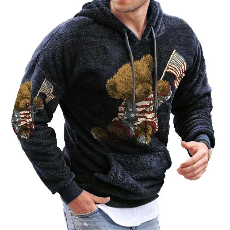 Men's Vintage Casual American Flag Teddy Bear Plush Hoodie 94606776TO sold by Manly