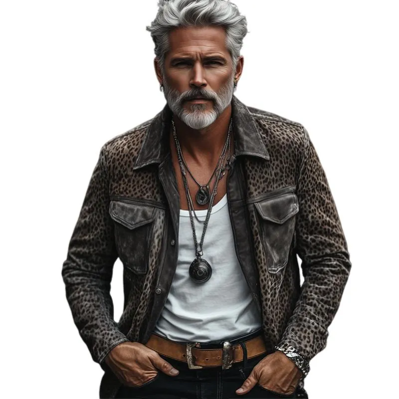 Men's Fashion Leopard Suede Patchwork Lapel Chest Pocket Single Breasted Shirt Jacket 43363749Z sold by Manly