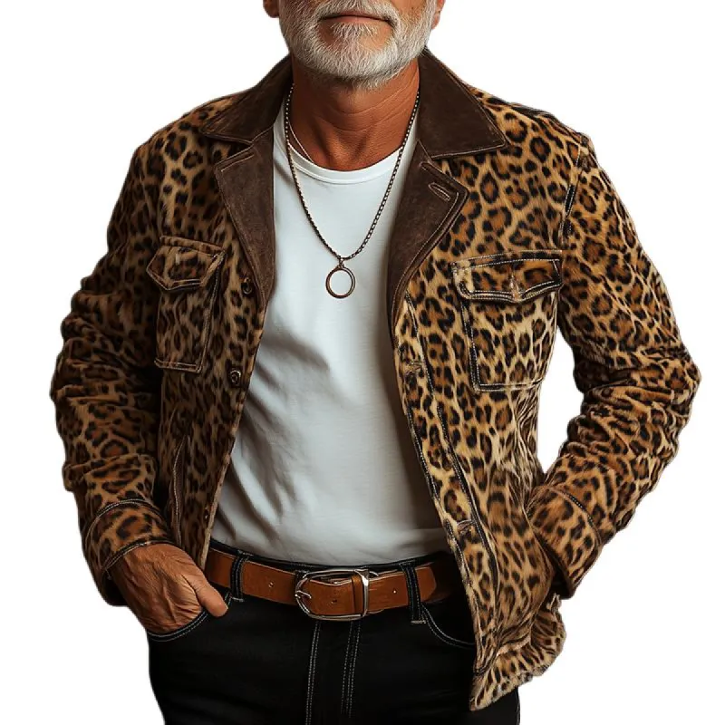 Men's Fashion Leopard Suede Lapel Chest Pocket Single Breasted Cargo Jacket 04231005Z sold by Manly