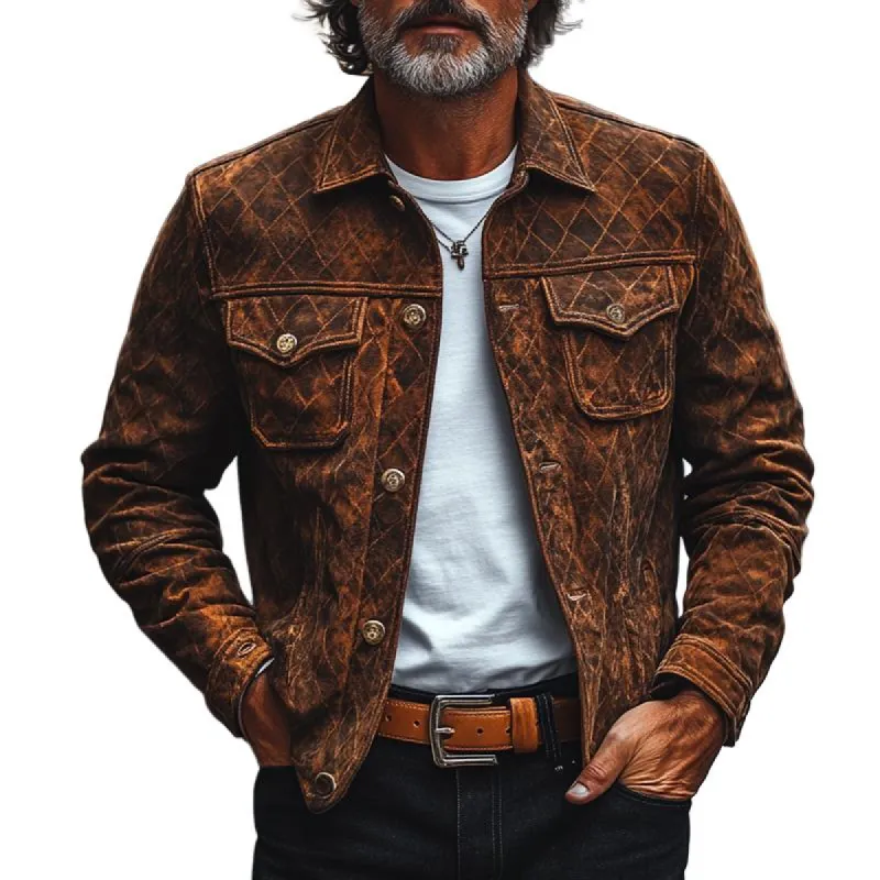 Men's Fashion Vintage Print Suede Lapel Single Breasted Casual Jacket 70910854Z sold by Manly