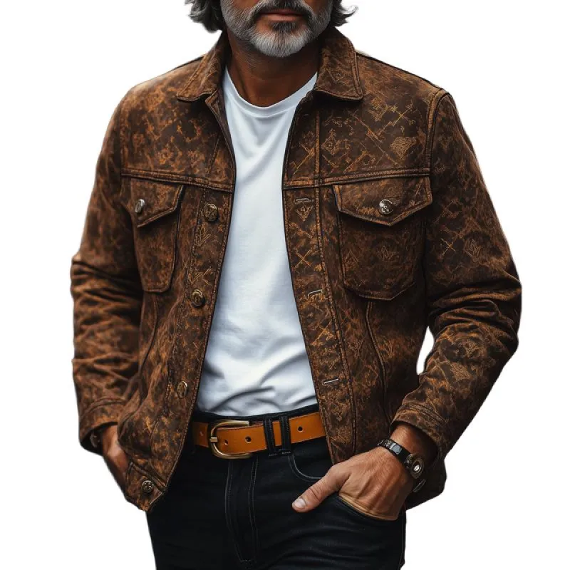 Men's Fashion Vintage Print Suede Lapel Single Breasted Casual Jacket 93128450Z sold by Manly
