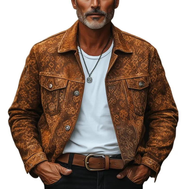 Men's Fashion Vintage Print Suede Lapel Single Breasted Casual Jacket 45234828Z sold by Manly
