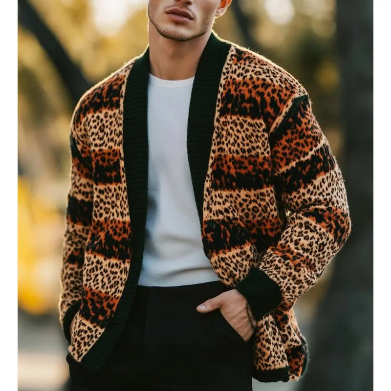 Men's Vintage Leopard Stripe Jacquard Patchwork Knitted Cardigan 81857248Y sold by Manly product image thumbnail 4