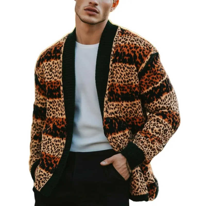Men's Vintage Leopard Stripe Jacquard Patchwork Knitted Cardigan 81857248Y sold by Manly