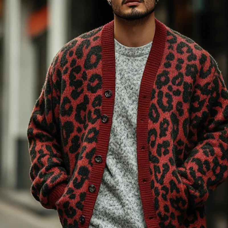 Men's Vintage Leopard Jacquard Collarless Knit Cardigan 15336316Y sold by Manly product image thumbnail 2