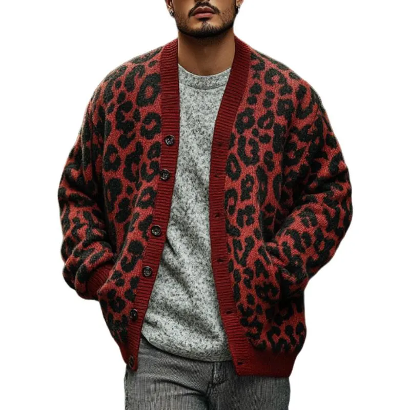 Men's Vintage Leopard Jacquard Collarless Knit Cardigan 15336316Y sold by Manly