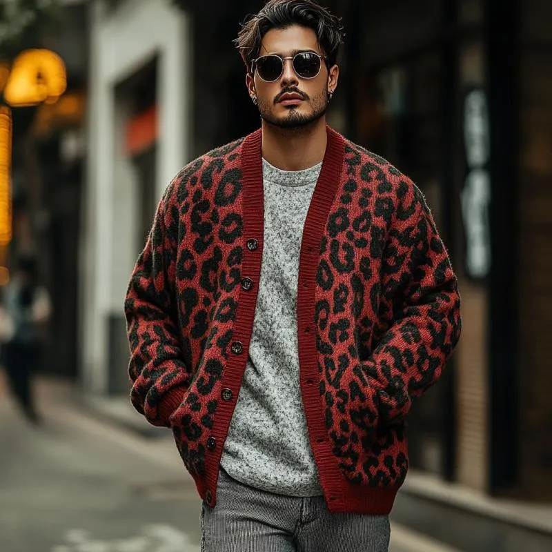 Men's Vintage Leopard Jacquard Collarless Knit Cardigan 15336316Y sold by Manly product image thumbnail 3