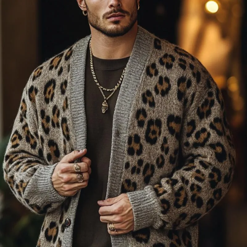 Men's Vintage Leopard Jacquard Colorblock Single Breasted Cardigan 20663867Y sold by Manly product image thumbnail 2