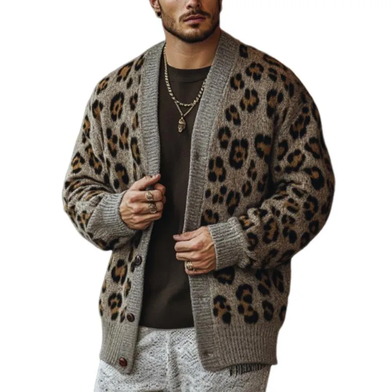 Men's Vintage Leopard Jacquard Colorblock Single Breasted Cardigan 20663867Y sold by Manly