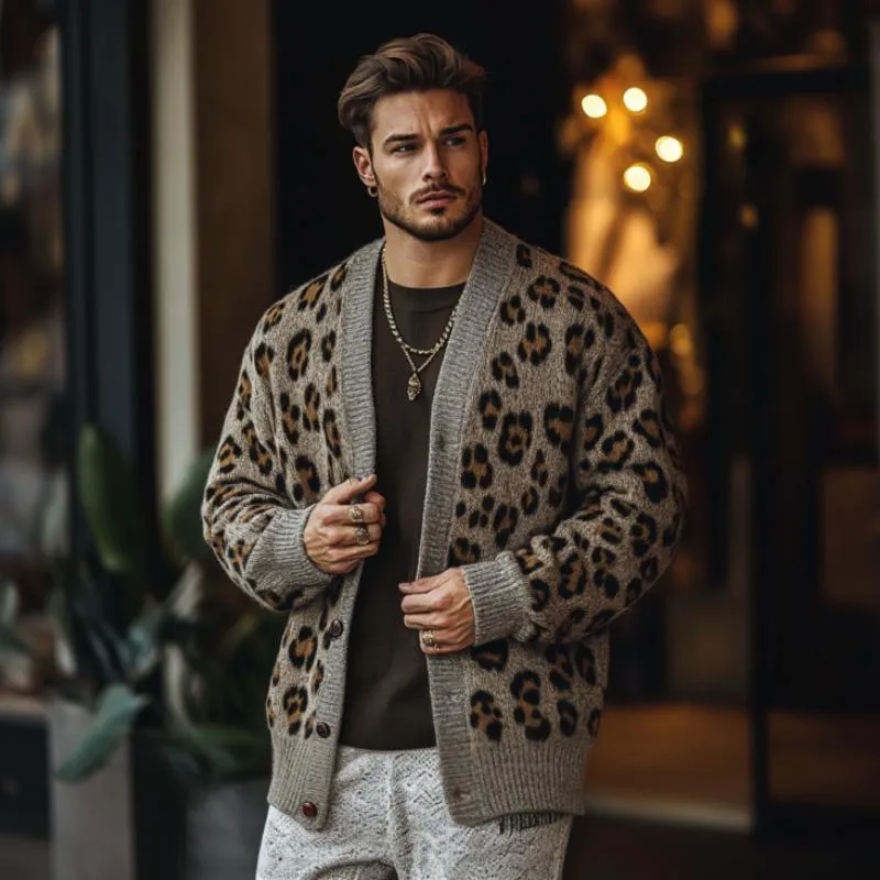 Men's Vintage Leopard Jacquard Colorblock Single Breasted Cardigan 20663867Y sold by Manly product image thumbnail 3