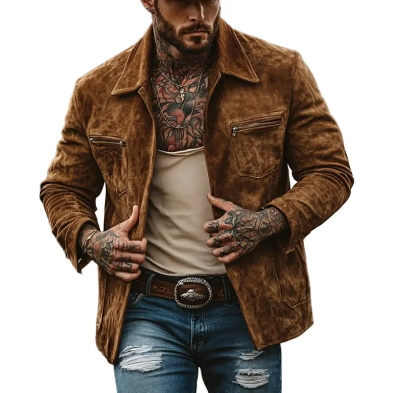 Men's Solid Suede Zippered Chest Pocket Lapel Jacket 57533980Y sold by Manly