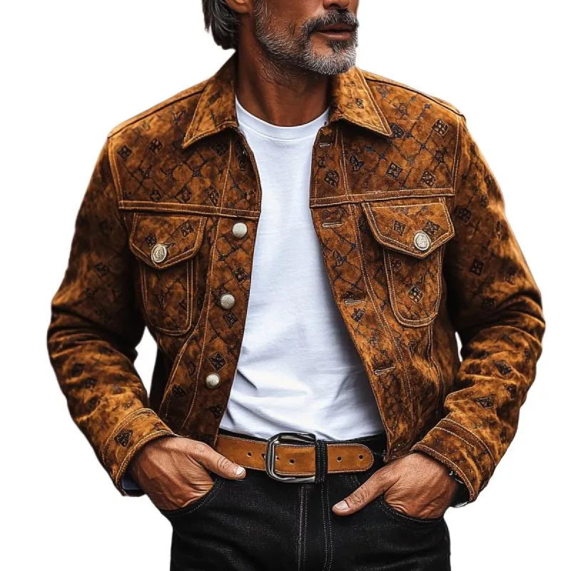 Men's Fashion Vintage Print Suede Lapel Single Breasted Casual Jacket 55172409Z sold by Manly
