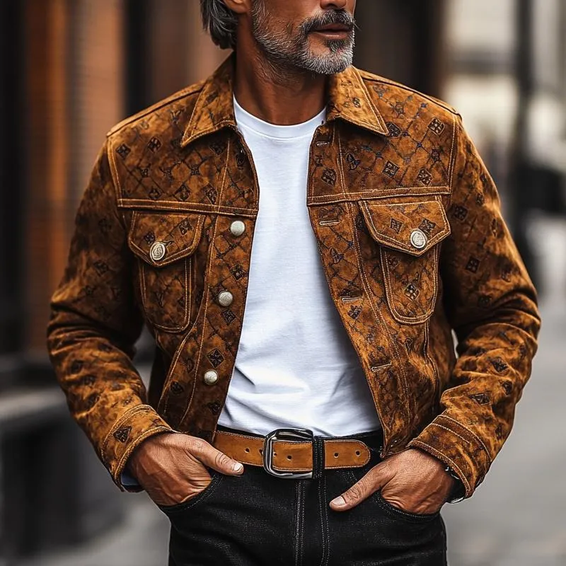 Men's Fashion Vintage Print Suede Lapel Single Breasted Casual Jacket 55172409Z sold by Manly product image thumbnail 2