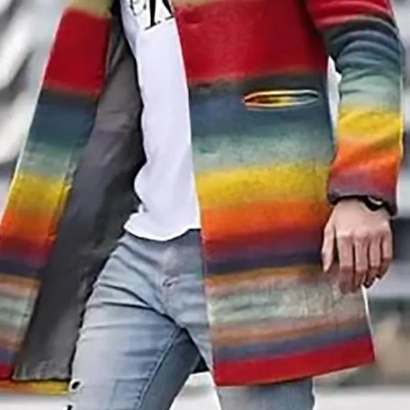 Men's Retro Rainbow Print Stand Collar Mid-Length Coat 34317625X sold by Manly product image thumbnail 4