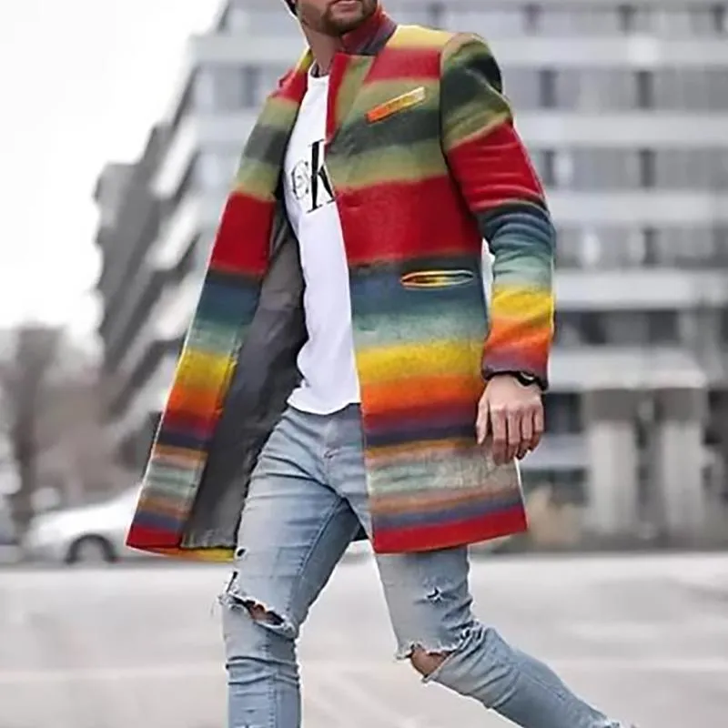 Men's Retro Rainbow Print Stand Collar Mid-Length Coat 34317625X sold by Manly product image thumbnail 2
