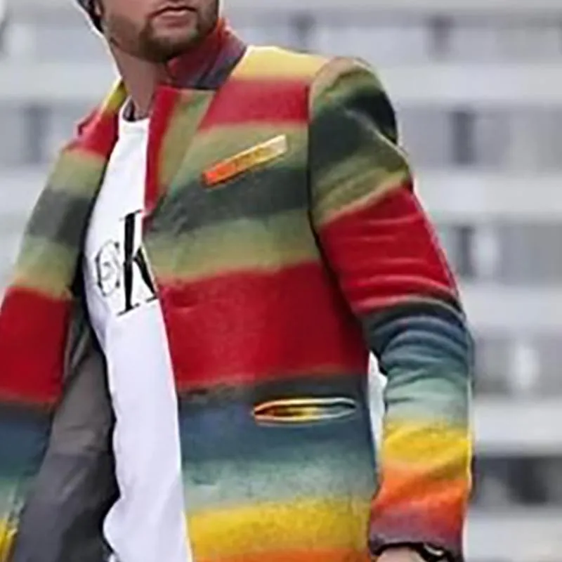 Men's Retro Rainbow Print Stand Collar Mid-Length Coat 34317625X sold by Manly product image thumbnail 3