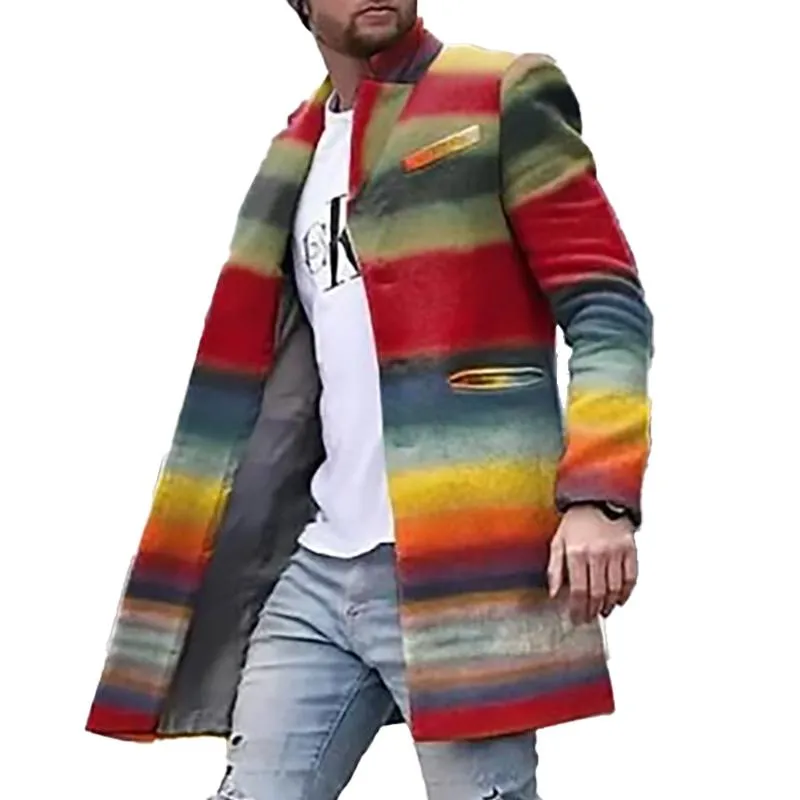 Men's Retro Rainbow Print Stand Collar Mid-Length Coat 34317625X sold by Manly