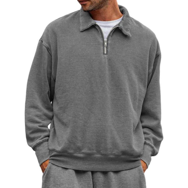 Men's Casual Solid Color Zipper Lapel Loose Long Sleeve Polo Shirt 43964724M sold by Manly