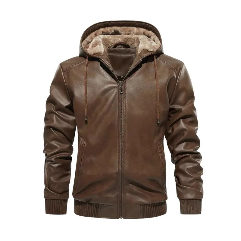 Men's Vintage Fleece Warm Zip Hooded Leather Jacket 64439180M sold by Manly