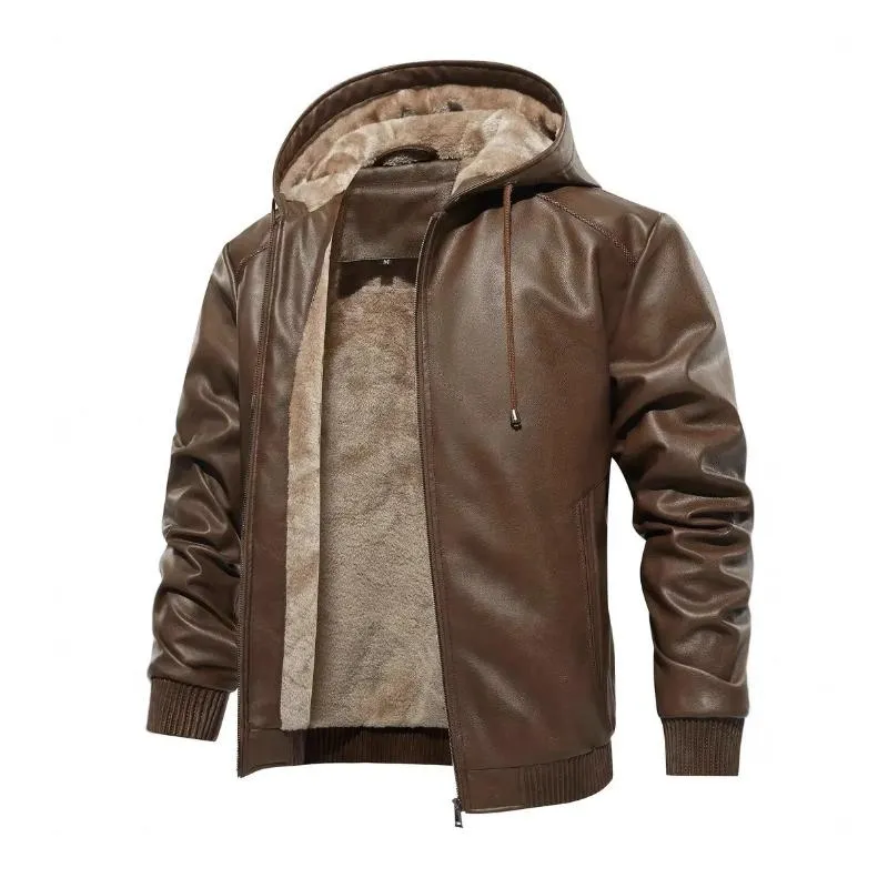 Men's Vintage Fleece Warm Zip Hooded Leather Jacket 64439180M sold by Manly product image thumbnail 2
