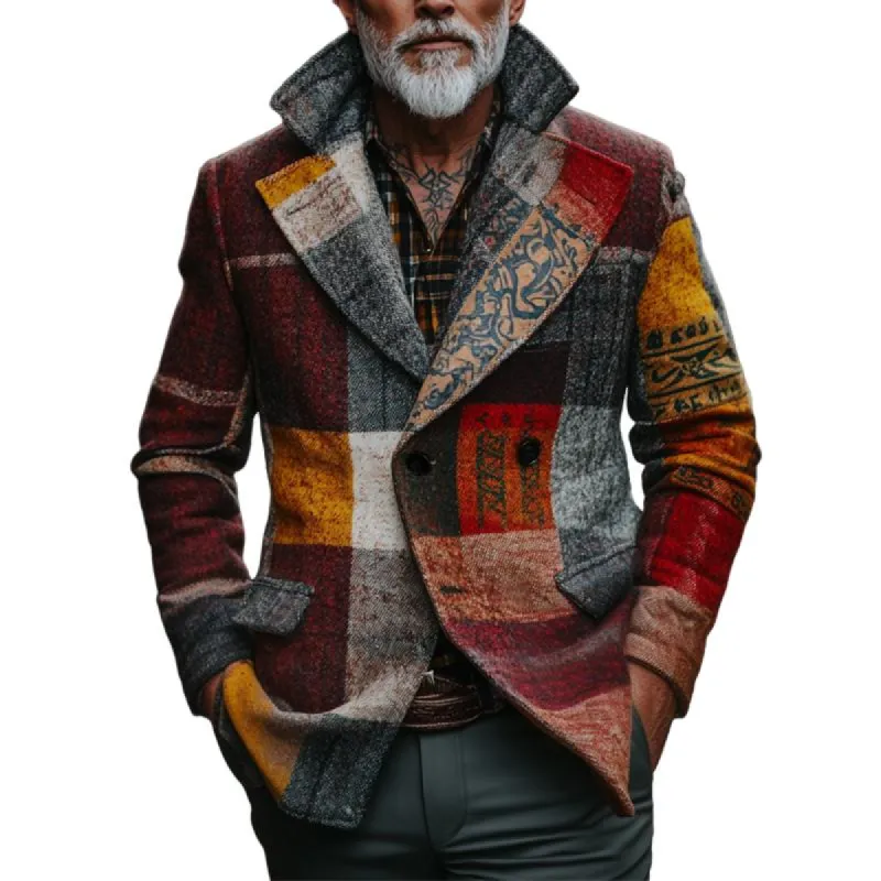 Men's Retro Casual Tweed Plaid Ethnic Style Printed Jacket 78526897TO sold by Manly
