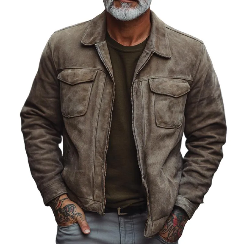 Men's Vintage Casual Suede Pocket Lapel Zipper Jacket 64609331TO sold by Manly