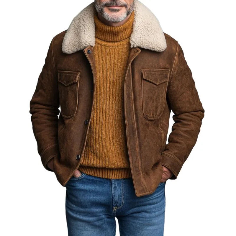 Men's Fashion Fleece Lapel Suede Single Breasted Casual Jacket 73974994Z sold by Manly