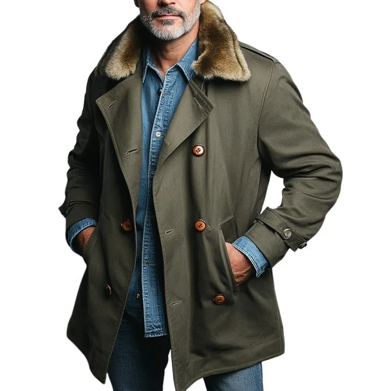Men's Fashion Fur Lapel Cotton Double Breasted Cargo Trench Coat 01905231Z sold by Manly