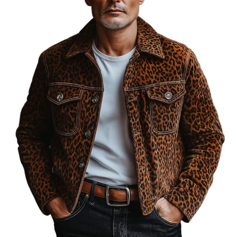 Men's Fashion Vintage Leopard Suede Lapel Chest Pocket Single Breasted Casual Jacket 16371676Z sold by Manly
