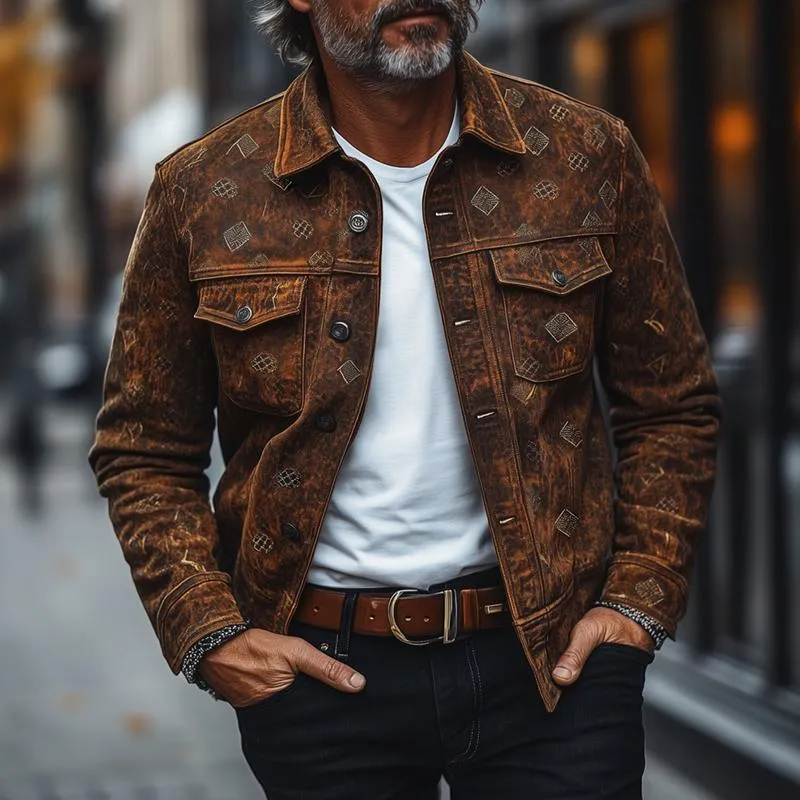 Men's Fashion Vintage Print Suede Lapel Single Breasted Casual Jacket 10650047Z sold by Manly product image thumbnail 2