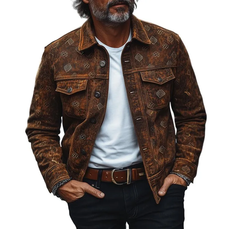 Men's Fashion Vintage Print Suede Lapel Single Breasted Casual Jacket 10650047Z sold by Manly