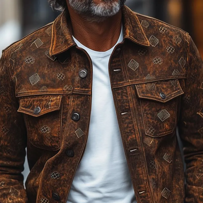 Men's Fashion Vintage Print Suede Lapel Single Breasted Casual Jacket 10650047Z sold by Manly product image thumbnail 3