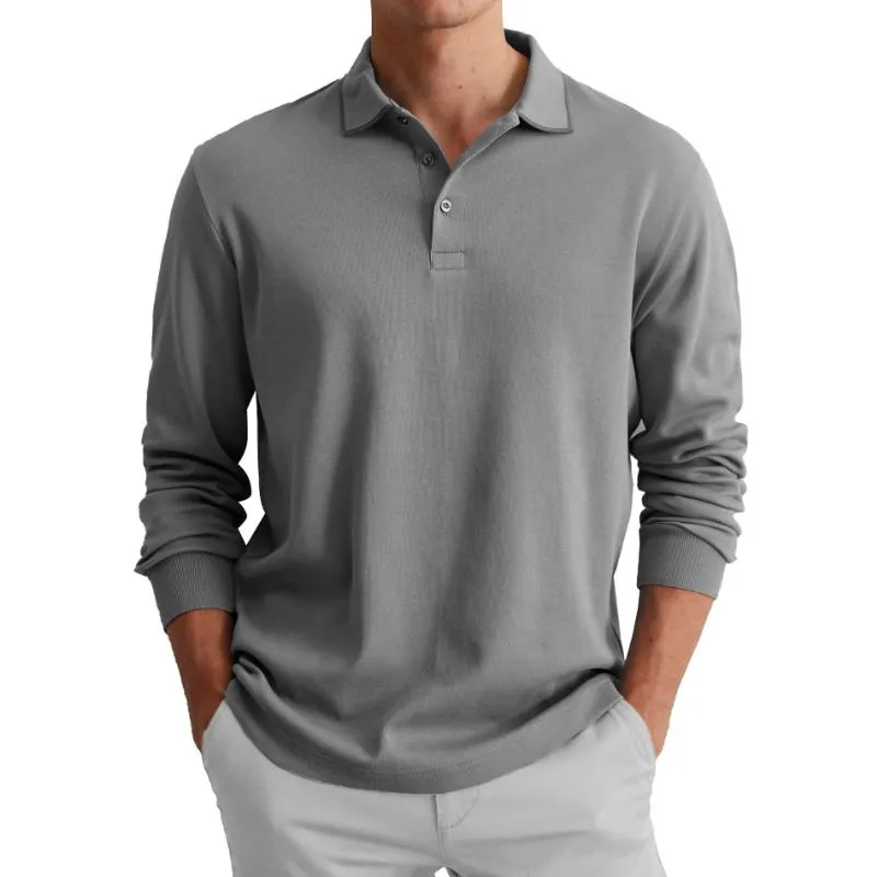 Men's Solid Color Button-Down Lapel Long-Sleeved Polo Shirt 37072230Y sold by Manly